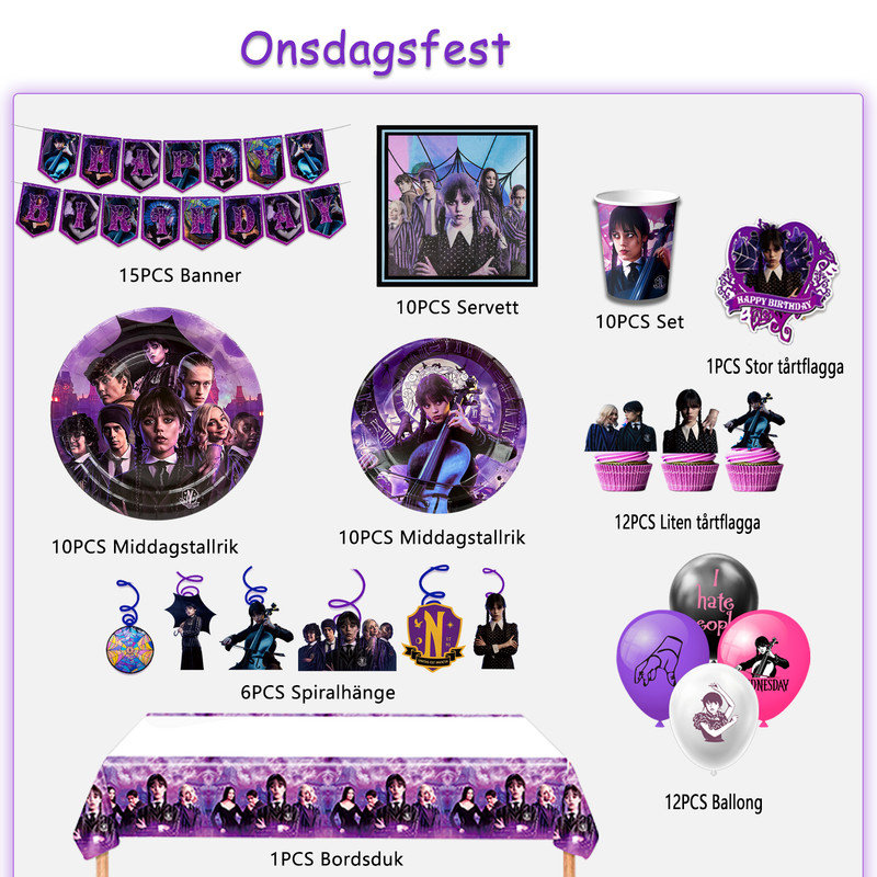 Wednesday Birthday Supplies, 87pcs Wednesday Addams Birthday Party Decorations&Tableware Set