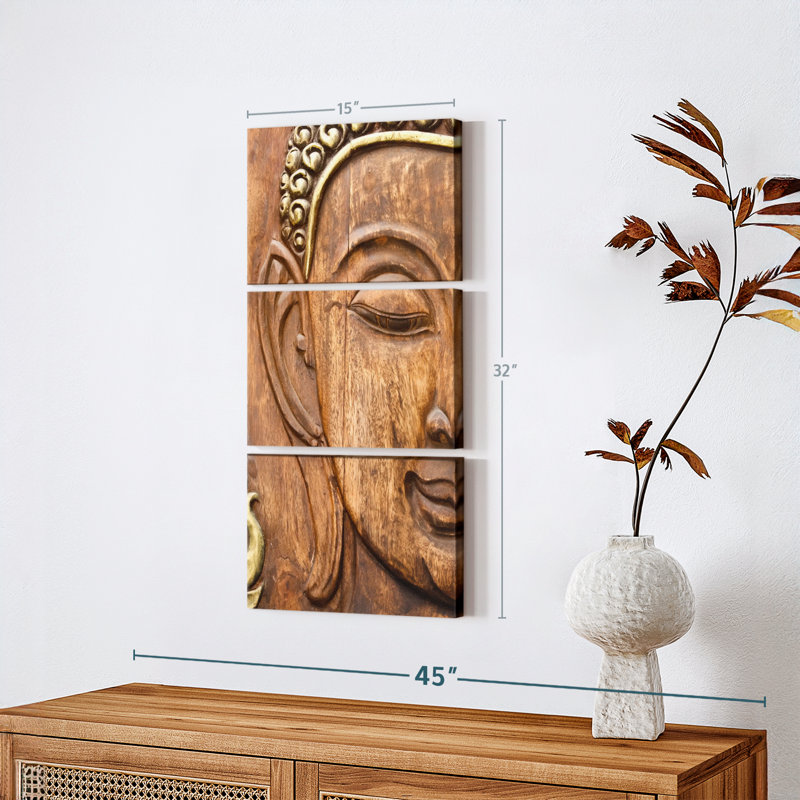 Bouddha en bois sculpté 3 pièces, H 32 po x l 15 po x P 1,25 po