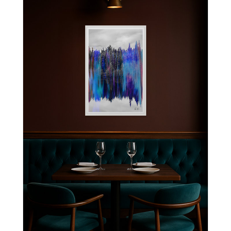Paysage d'arbre réfléchissant en bleu, 52.75" H x 35.5" W x 1.5" D, Toile encadrée artisanale, Chêne