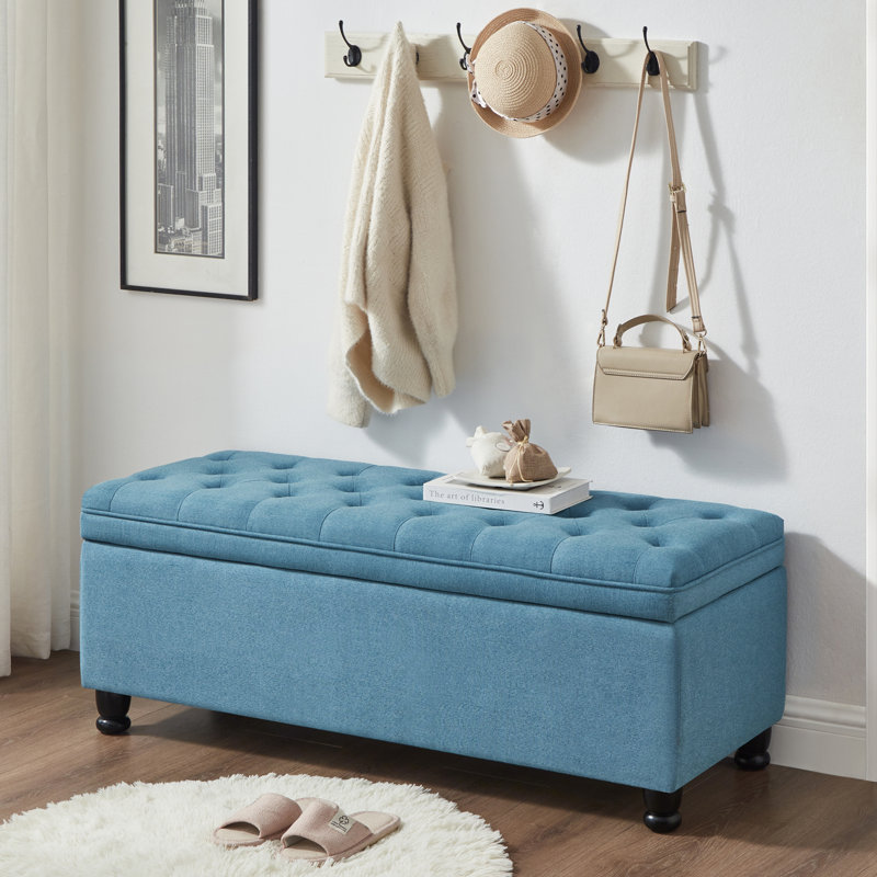  Banc de rangement en lin capitonné à boutons avec pieds en bois, bleu clair, Bleu
