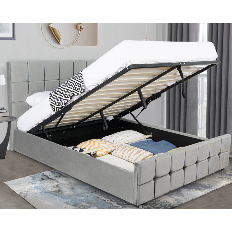 Genrich Upholstered Ottoman Storage Bed Frame, King, Light Grey