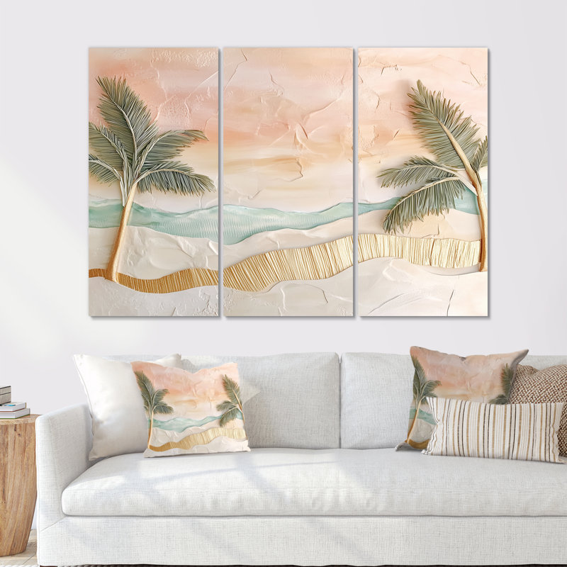 «Tropical Beach», art mural feuille de palmier - ensemble de 3 toiles encadrées Jamil, H 32 po x l 48 po