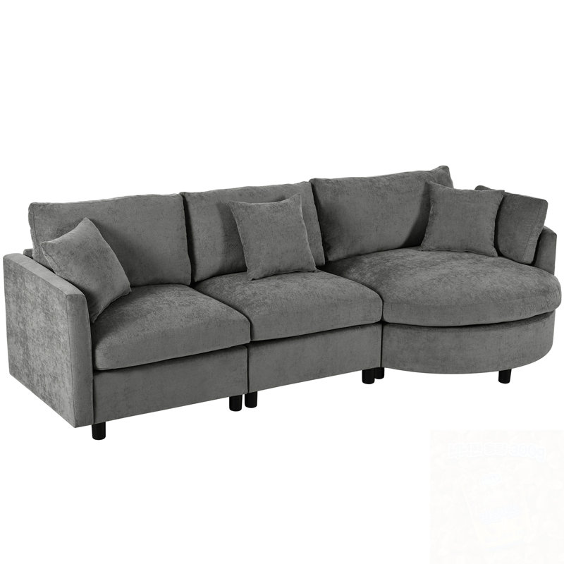 Chenille 3-Piece Sectional Sofa With Curved Chaise And 3 Throw Pillows, Gray Chenille