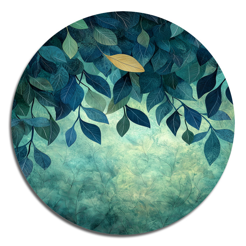 «Green and Blue Leaves Forest Tranquility II», reproduction d'art métallique traditionnelle verte, H 16 po x l 16 po