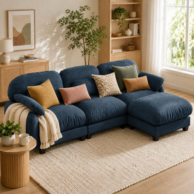 Ensemble de canapé d'angle modulaire Cavorenne Cloud pour 3 personnes avec pouf amovible, assise large et profonde en chenille douce, coussins en mousse et ressorts, 3 petits coussins lombaires