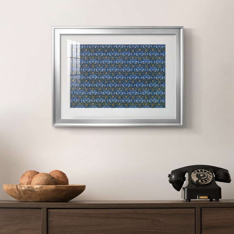 Motif floral répétitif (bleu et or) - William Morris - reproduction encadrée avec passe-partout et verre - c. 1880, Argent