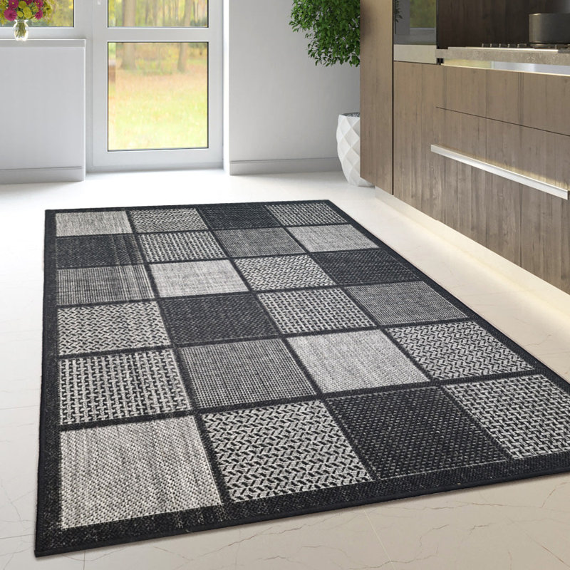 Non Slip Rug Flat Weave Check Kitchen Living Room Carpet, Black, Rectangle 200 x 280 cm