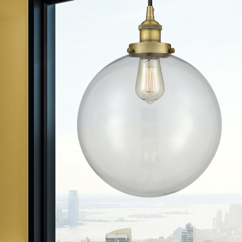 Luminaire suspendu simple à 1 lumière Frederick, H 15,5 po x l 12 po x P 12 po, Transparent, Laiton brossé