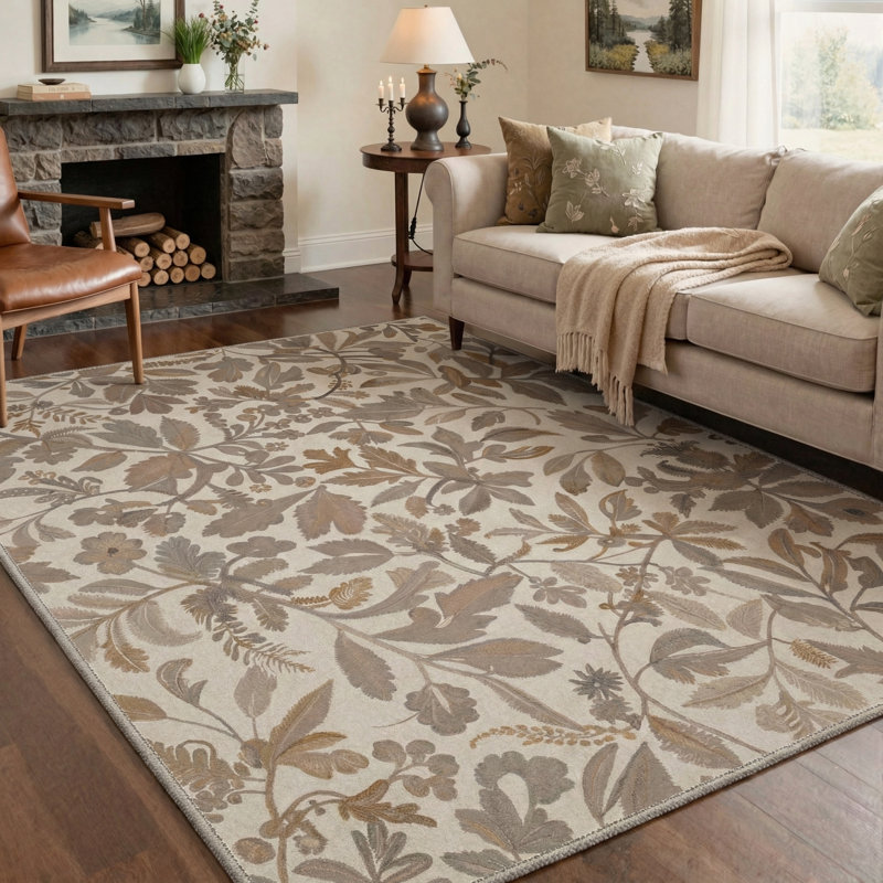 Abeyta Verdure Botanical Machine Washable Beige / Brown Indoor Area Rug with Non-Slip Backing, Round 5'