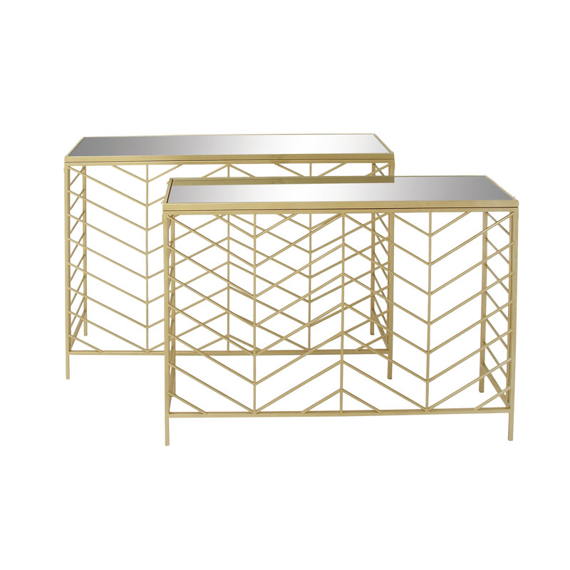 Elegant Gold Metal and Mirrored Glass Console Table Set, 42" and 39"W