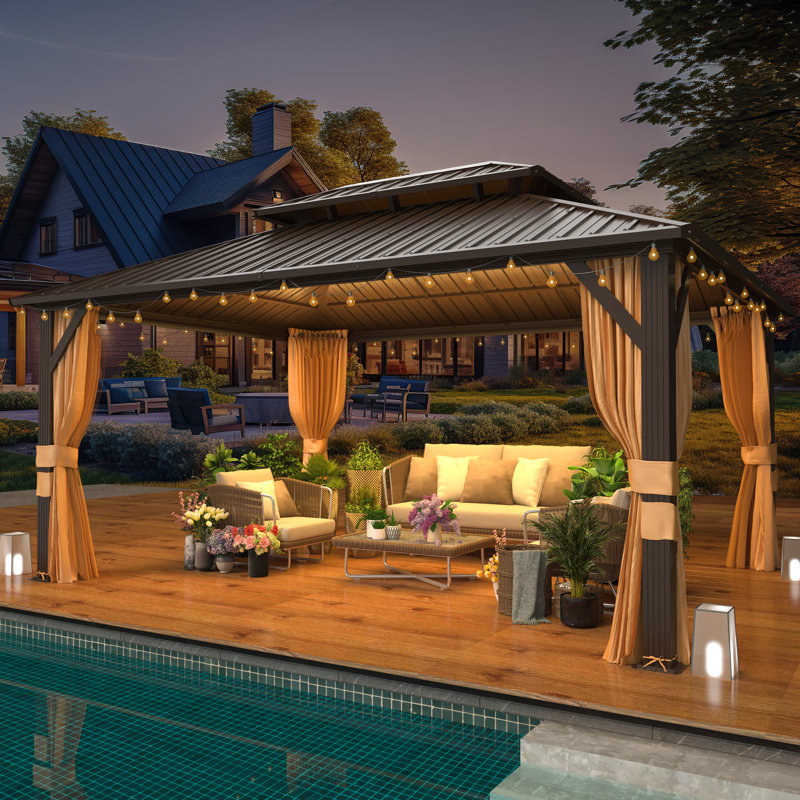 12' W x 10' D Hardtop Gazebo, Double Galvanized Steel Roof & Aluminum Frame for Hot Tub, Deck, Backyard
