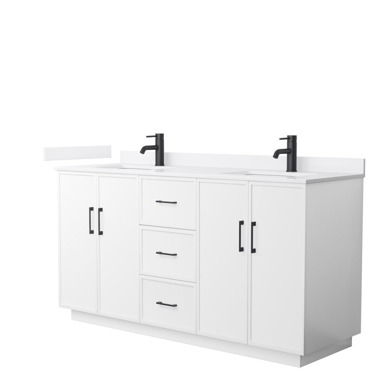 Elan TK 66" Freestanding Double Bathroom Vanity with Cultured Marble Top, White Cultured Marble, White, Matte Black