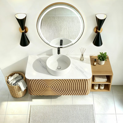 Ensemble de meuble-lavabo mural, lavabo de salle de bain flottant avec lavabo rond en céramique et armoire latérale, ensemble de meuble-lavabo texturé à ondulation d'eau pour les petits espaces, peu encombrant