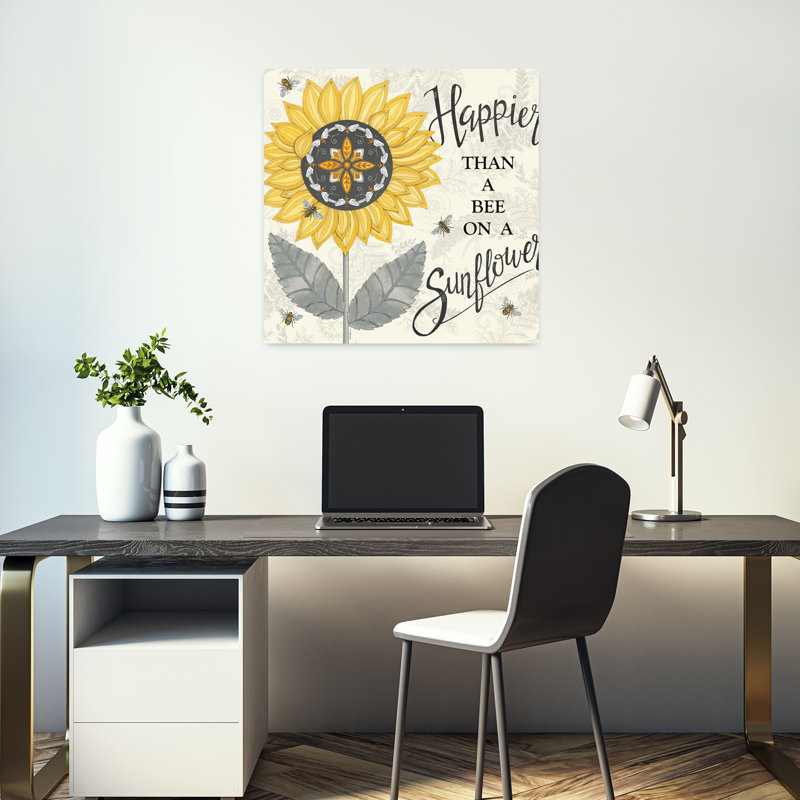 Art contemporain plus heureux qu'une abeille sur un tournesol, H 18 po x l 18 po