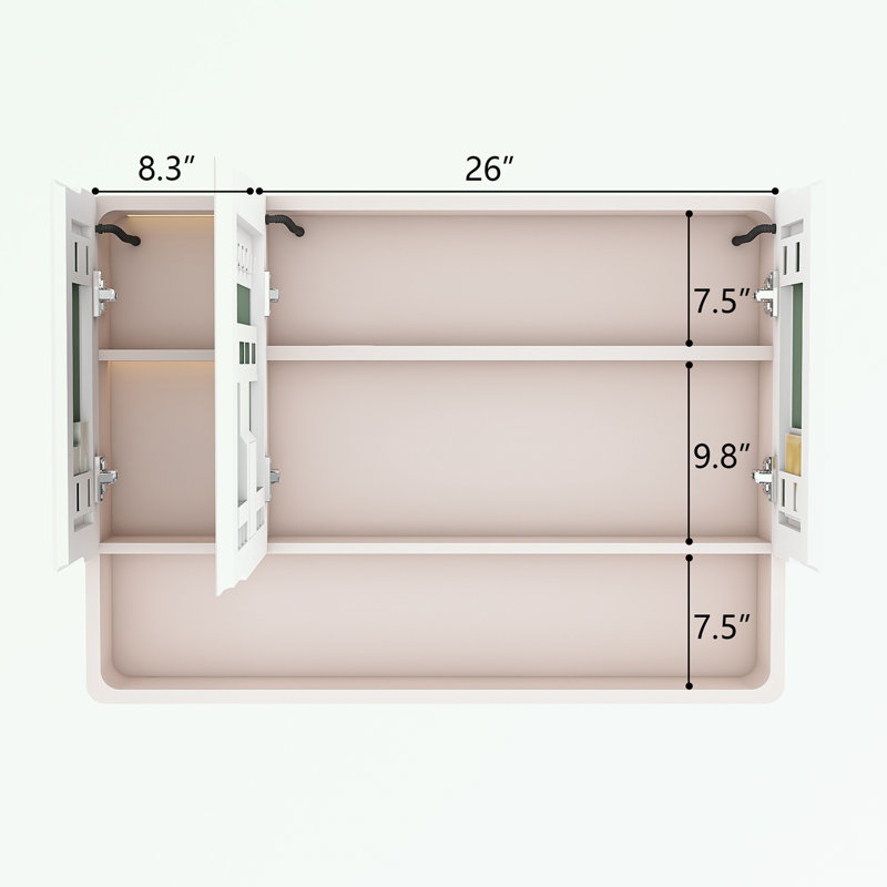 Miroir d'armoire avec lumière DEL, fonction de désembuage, support de rangement et support pour sèche-cheveux