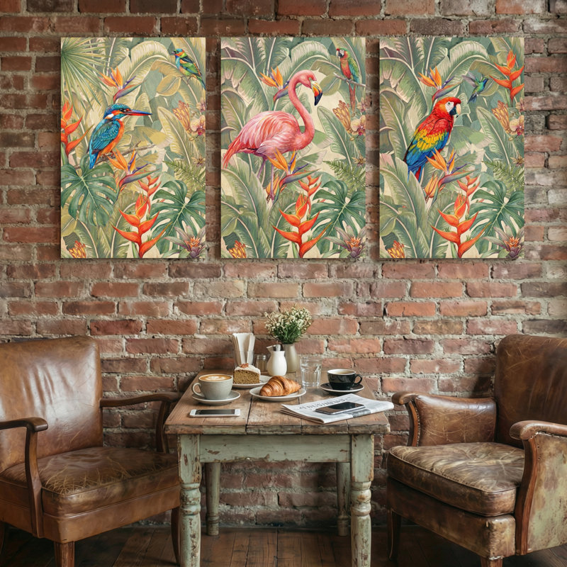 Animaux, oiseaux tropicaux et feuillage luxuriant, ensemble de 3 impressions sur toile, H 24 po x l 48 po