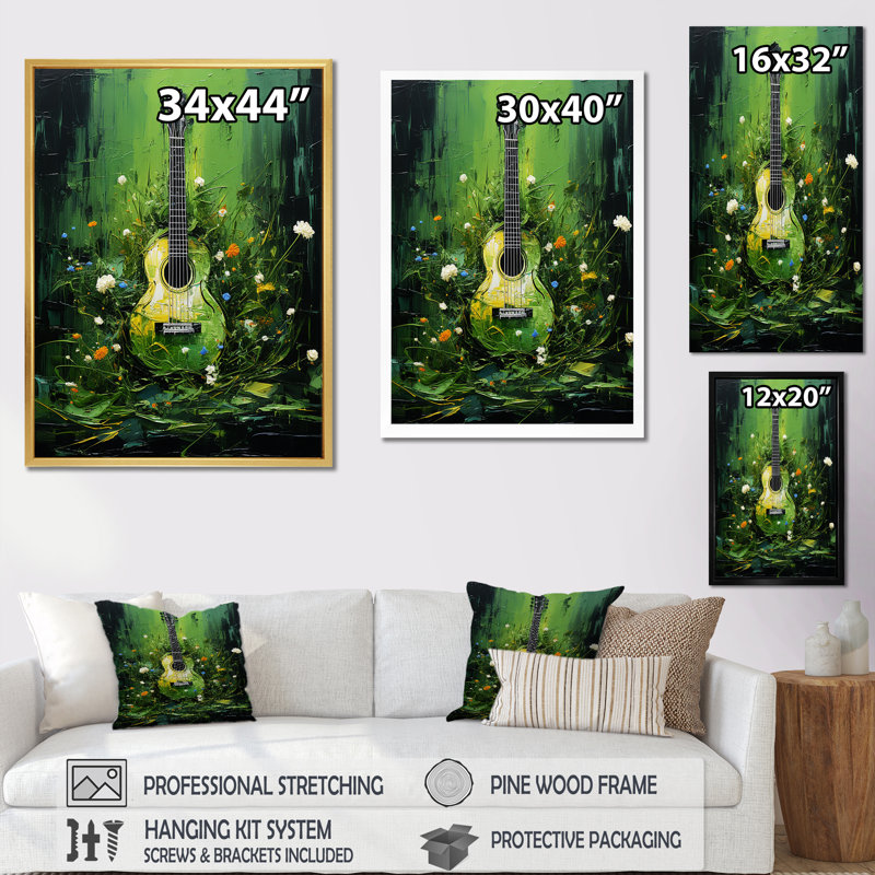 «Music Guitare Meadows Grass Green I» sur toile, H 44 po x l 34 po x P 1,5 po, Cadre flottant noir