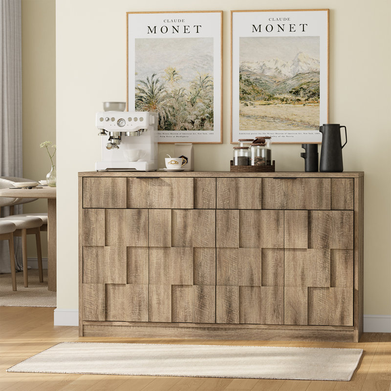 61" Sideboard Buffet Cabinet With Doors And Drawers, Large Storage Credenza For Kitchen, Living Room, Entryway, Washed Gray