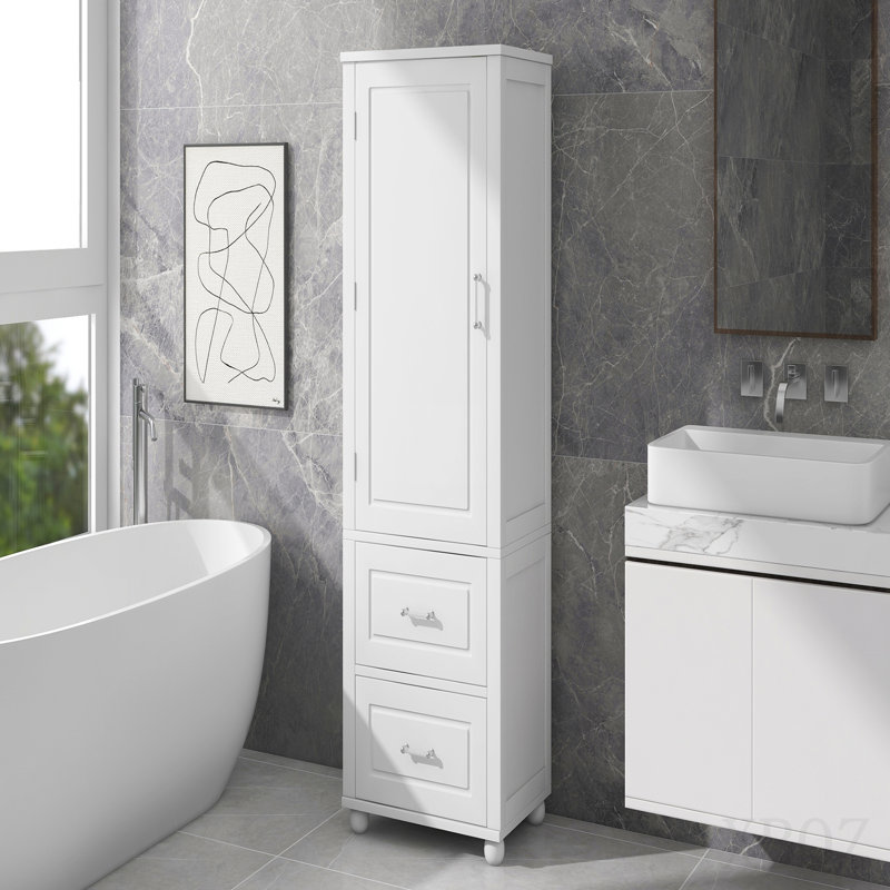 Tall Bathroom Storage Cabinet, Freestanding Storage Cabinet With Two Drawers And Adjustable Shelf, Mdf Board With Painted Finish, White