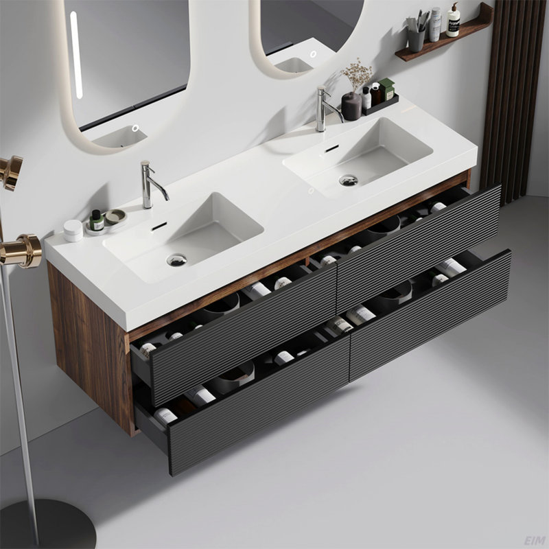 Meuble-lavabo de 60 po avec lavabo à surface solide blanc brillant et tiroirs noirs doux, meuble-lavabo mural flottant, lavabo une pièce blanc brillant, pré-assemblé