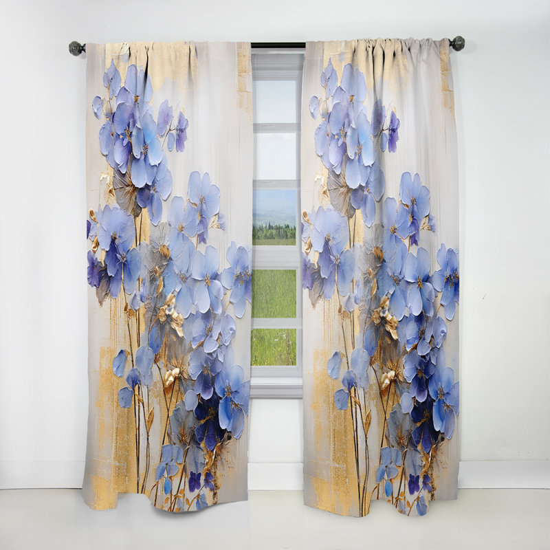 Rolesville Blue and Gold Exquisite Violets III - Traditional Velvet Curtain - Room Darkening - 1 Panel, 52" W x 63" L