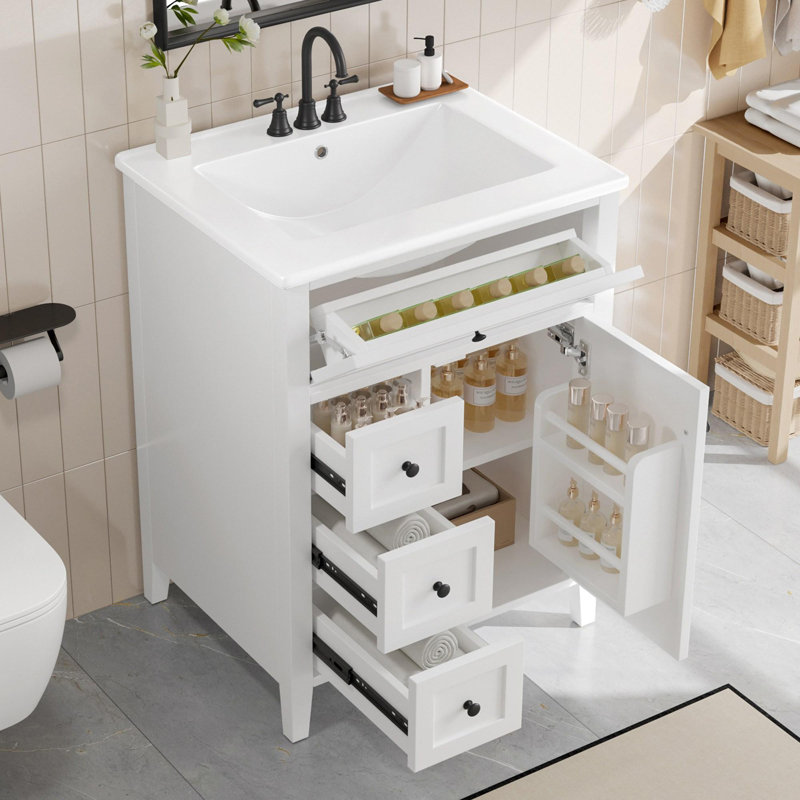 Meuble-lavabo autoportant de 24 po avec lavabo en céramique, Blanc/Noir