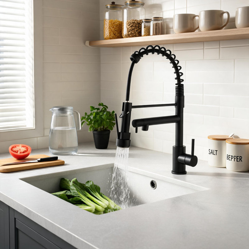 Robinet de cuisine en acier inoxydable noir mat avec douchette rétractable et poignée à ressort à poignée simple