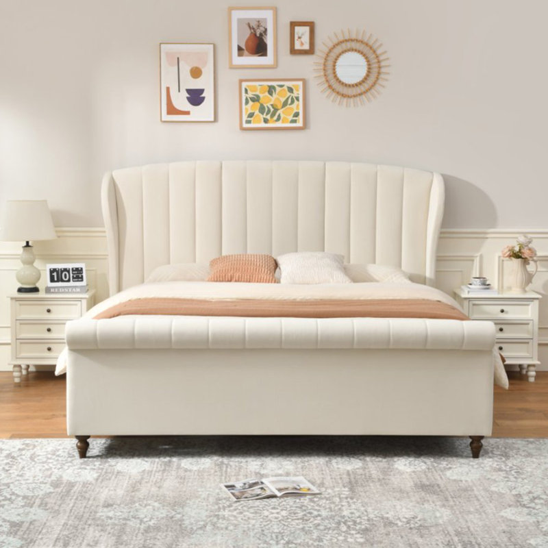 Modern Arched Tufted Upholstered Bed, King, Cream Velvet, Cream, King
