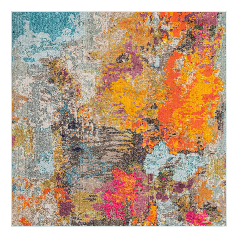 Tapis abstrait bleu / gris / orange Octagon, Carré 7 pi 10 po
