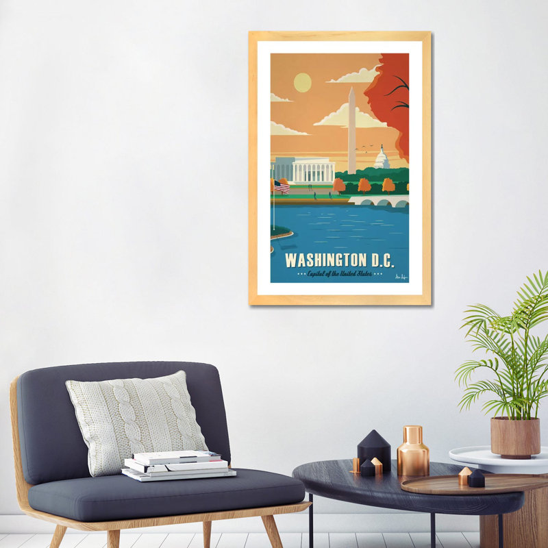 Washington D.C. - impression d'art graphique, H 32 po x l 24 po x P 1 po, Toile avec cadre en bois beige, Blanc