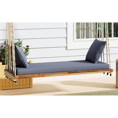 Balancelle de jardin avec cadre en bois, cordes en chanvre de 10,8 pi, coussin de siège et 2 coussins, capacité de 400 lb, banc de jardin à 5 couleurs différentes, schémas de charge