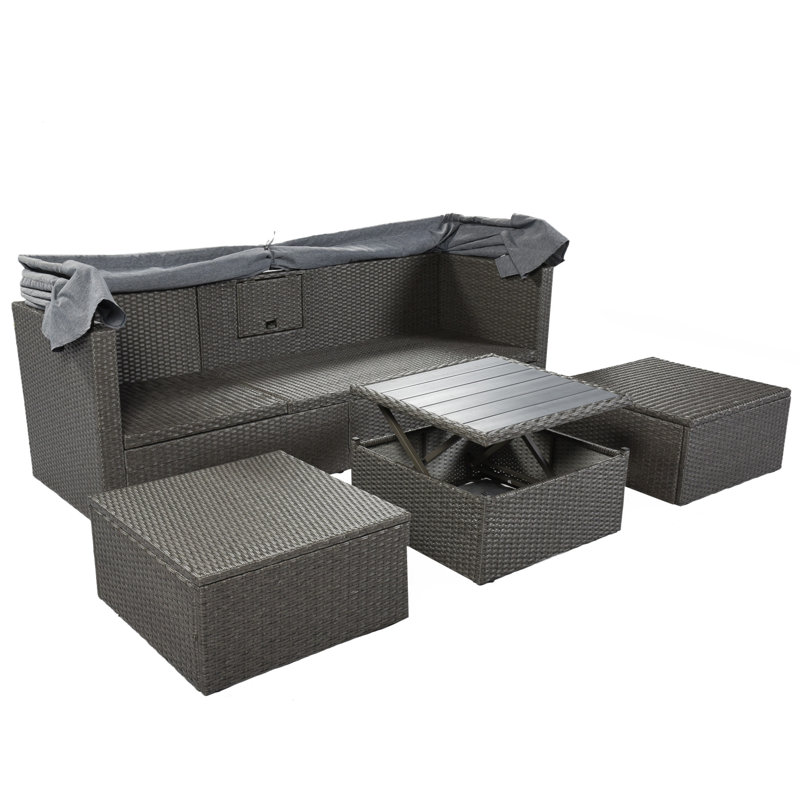 U_Style Outdoor Patio Rectangle Daybed With Retractable Canopy,  Wicker Furniture Sectional Seating With Washable Cushions, Backyard, Porch
