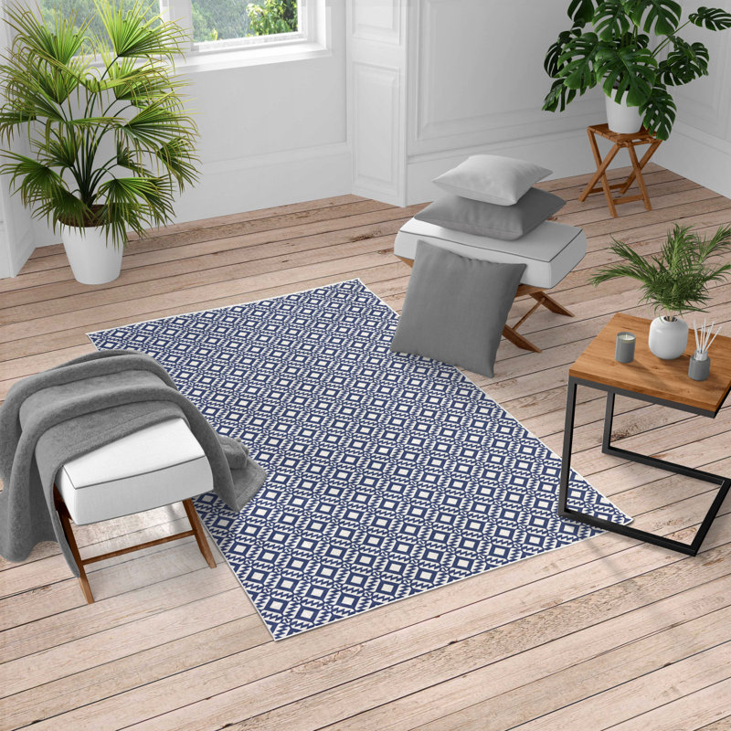 Tapis bleu foncé / blanc, Rectangle 13 pi 4 po x 19 pi 2 po