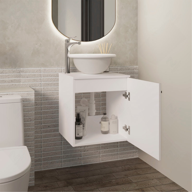 Meuble-lavabo flottant à une porte, avec lavabo vasque et une tablette, rangement pour salle de bain, blanc