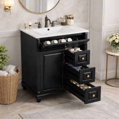 Armoire de meuble-lavabo autoportant 24 po avec comptoir en céramique à 3 trous, tiroirs et rangement, noir