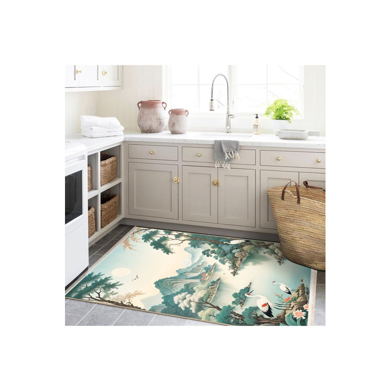 Tapis décoratif lavable à la machine bleu et vert, Rectangle 3 pi 3 po x 4 pi 11 po