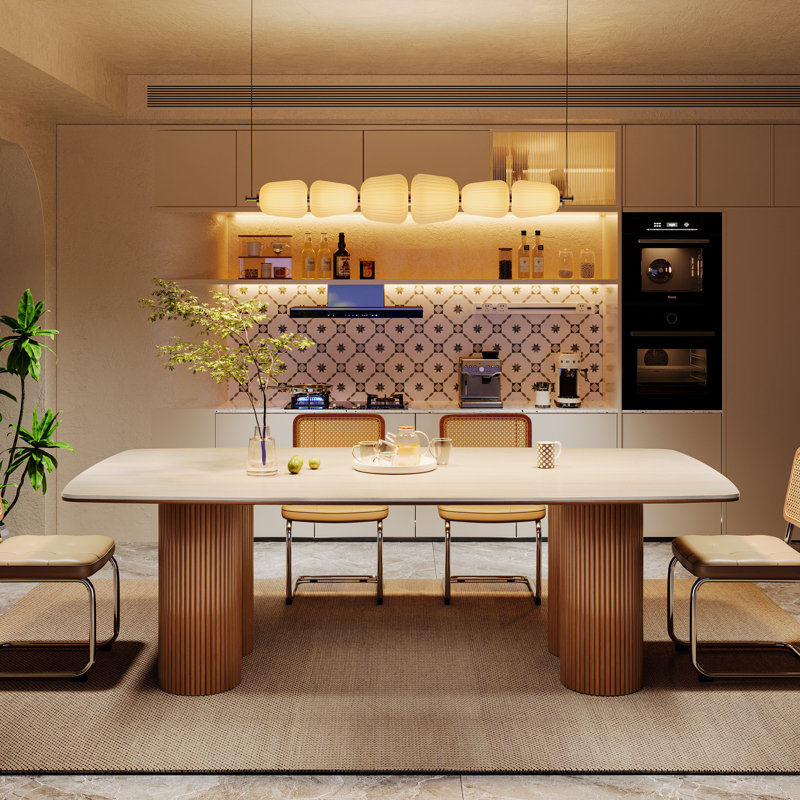 78.7" Stone Kitchen Dining Table for 8 with Solid Wood Legs, Travertine Slab Top, Semi-Circular Stripe Base