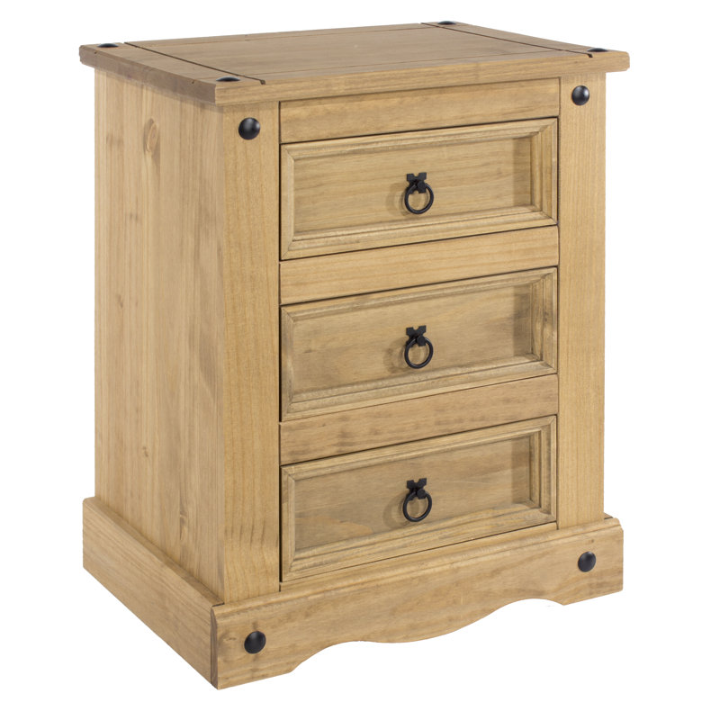 Deaver 3 Drawer Bedside Table, side table, end table, solid pine antique wax finish, Corona design.