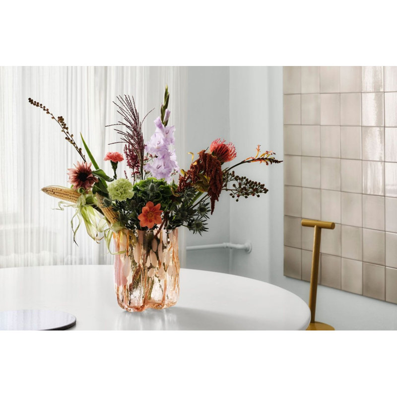 Crackle Glass Table Vase, Amber/Flamingo, 10.63" H x 7.87" W x 7.87" D