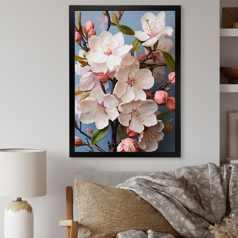 Fleurs de cerisier blanc à la fin de l'hiver - Art mural cerisier en fleurs, Cadre simple noir, H 20 po x l 12 po x P 1 po