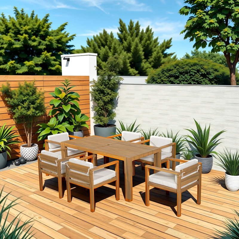 Ensemble de table de patio 7 pièces avec coussins amovibles (coussins moka et beige), Teck clair