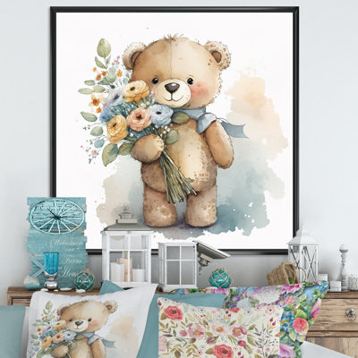 Ours en peluche «Love Hold Flowers II» - art mural ours