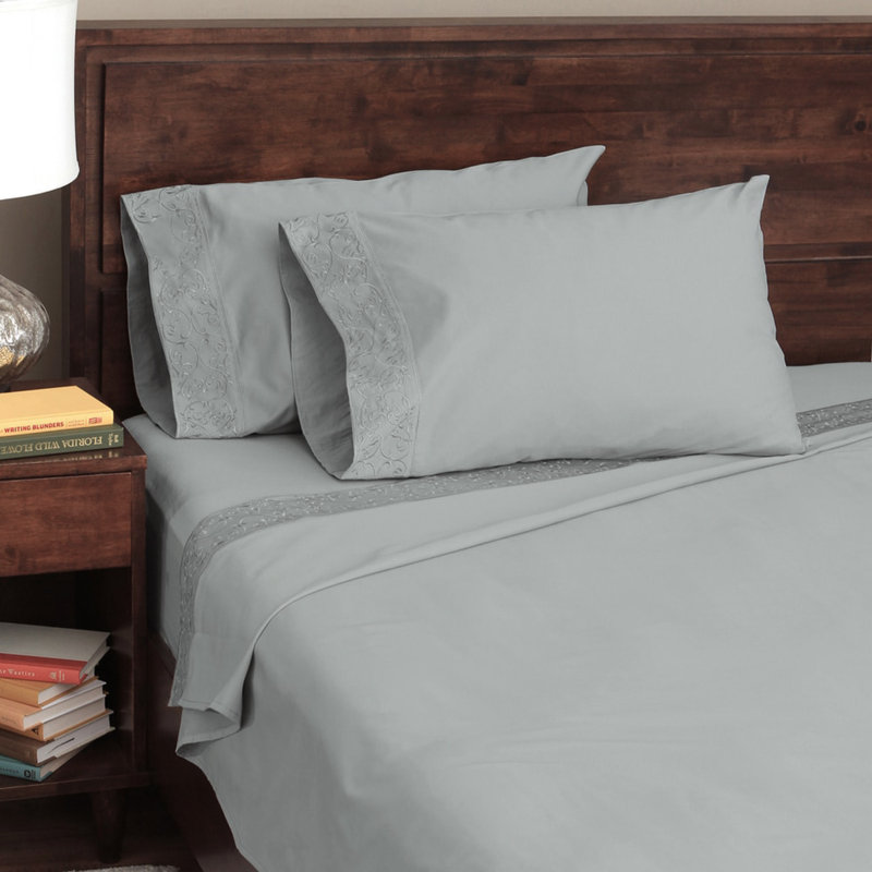 Light Grey Full Cotton Embroidered Damask Sheet Set