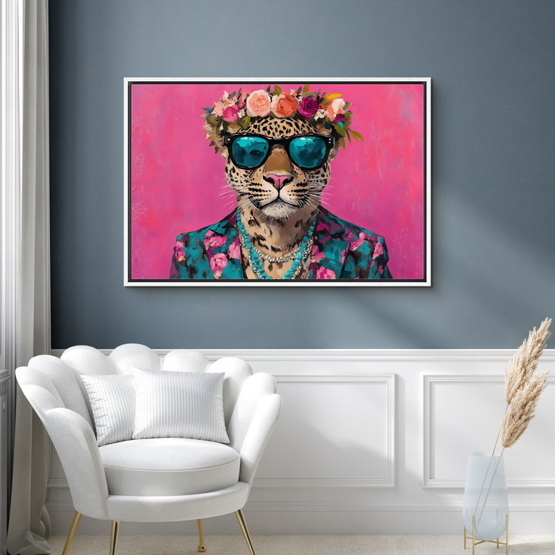 «Bright Preppy Animals», léopard rose vif avec couronne de fleurs, impression sur toile encadrée, Cadre blanc