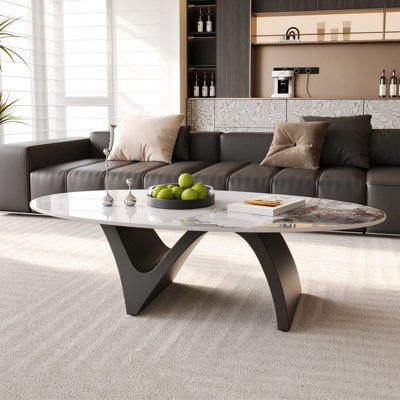 Table basse ovale moderne de 51 po, plateau en pierre frittée brillante avec base en acier en forme de N