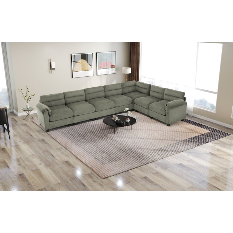 Dona 7-Piece L-Shaped Corduroy Upholstered Modular Sectional, Pillowtop Arm, Green Corduroy