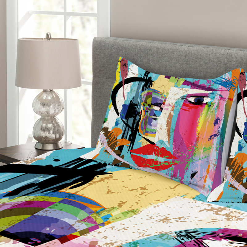 Adileigh White/Blue/Pink/Black/Yellow/Purple Microfibre Bedspread Set, 220 x 264 cm