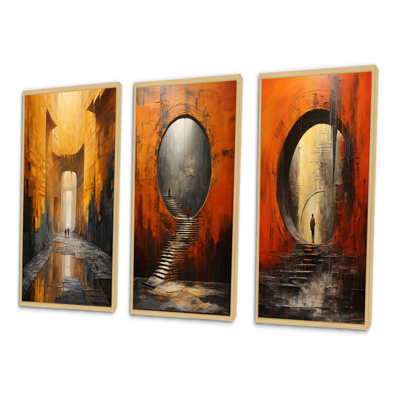 «Yellow Grey Abstract Tunnel», 3 pièces sur toile, Encadré naturel, H 40 po x l 60 po