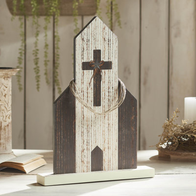 Celebrate Grace MDF Church w/ Cross Star & Jute Twine Coil 18.7x13.75x2.5