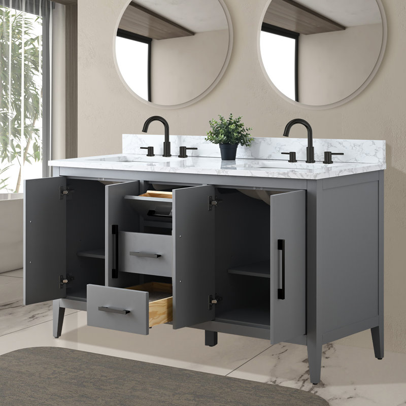 Ensemble de meuble-lavabo double 60 po, Noir mat, Gris cachemire